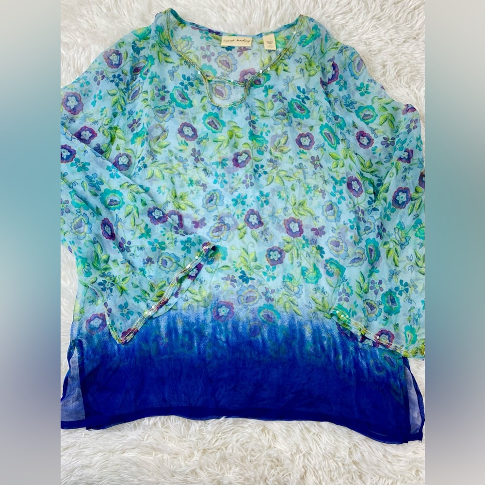 Marsh Landing Long Sleeve Blouse / Tunic Floral Sheer ultra lightweight Sz L